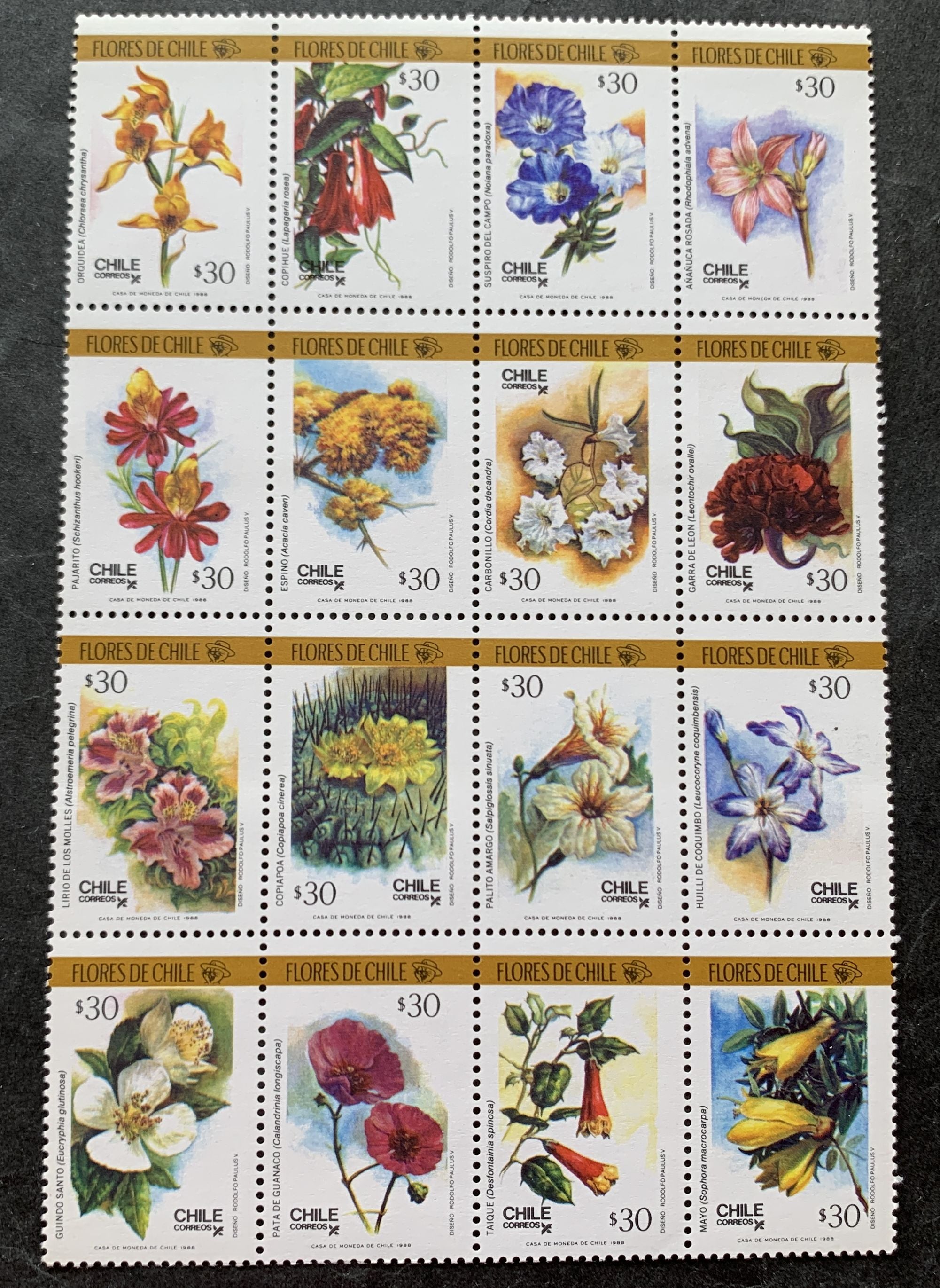 Chile 1988 - Bogen mit 16 postfrischen Marken - Michel Nr. 1237-1252