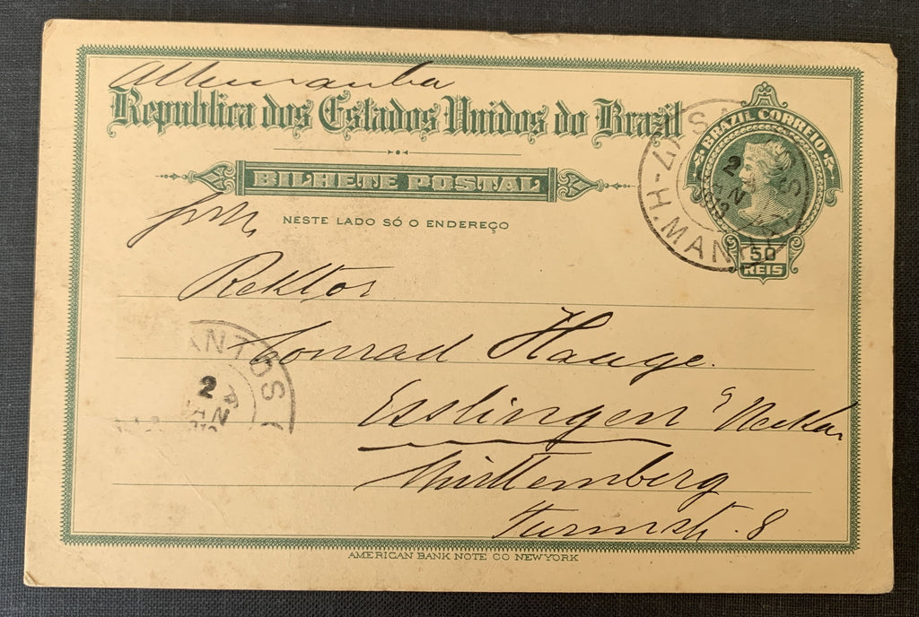Brasilien 1913 Santos - gelaufene Ganzsachenkarte nach Esslingen Deutschland