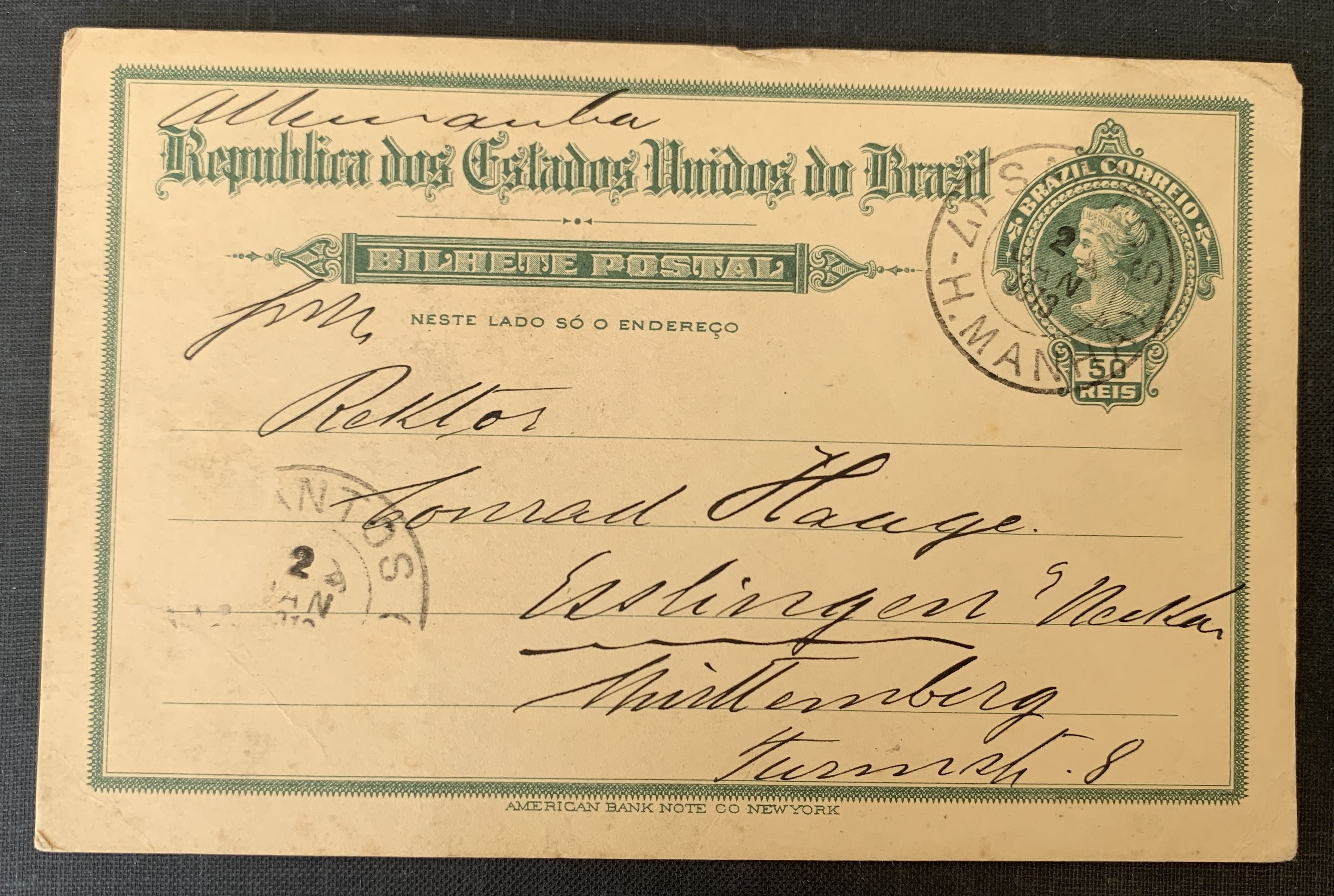 Brasilien 1913 Santos - gelaufene Ganzsachenkarte nach Esslingen Deutschland