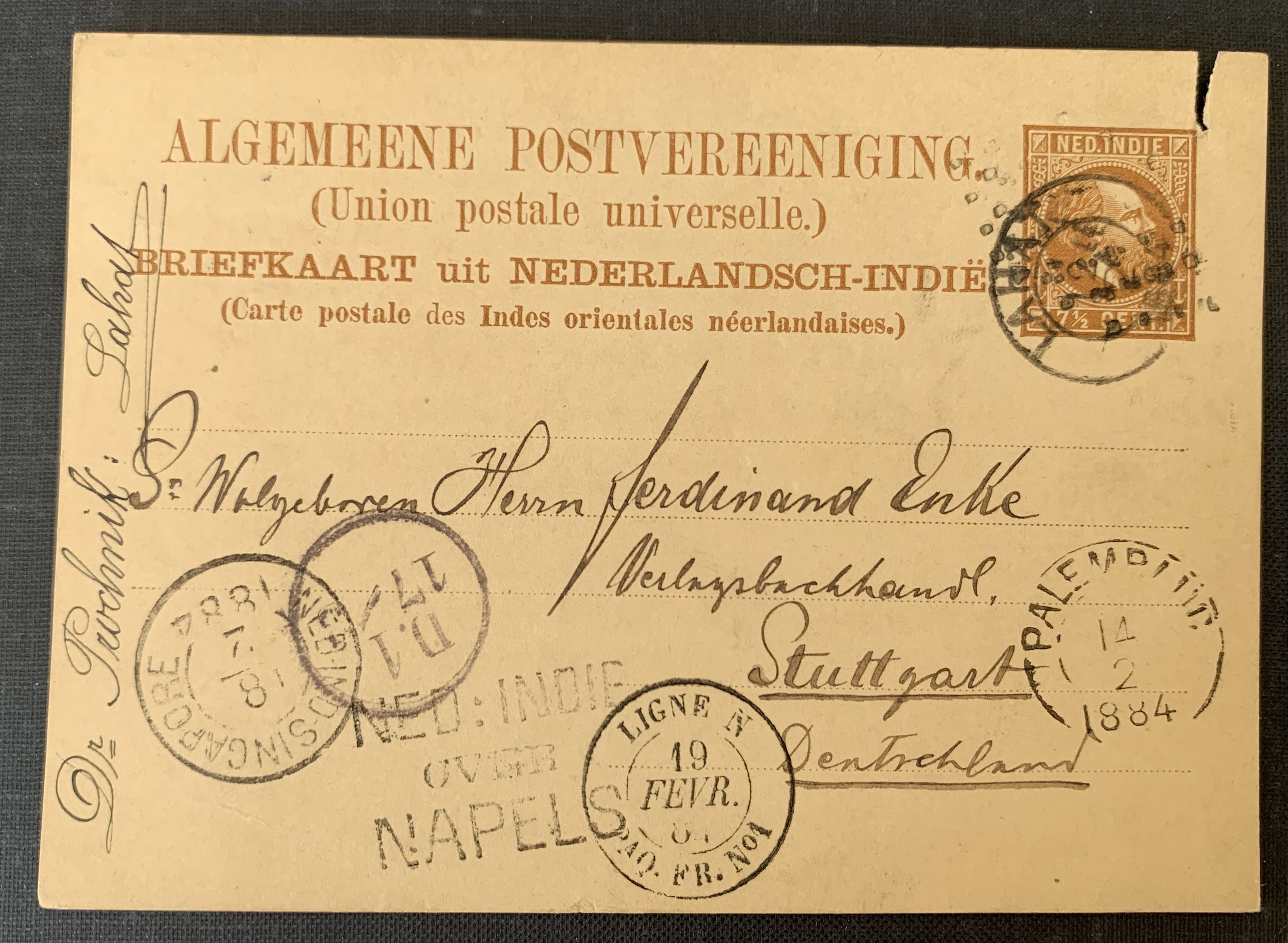 Niederländisch-Indien 1884 gelaufene Ganzsache nach Stuttgart Deutschland
