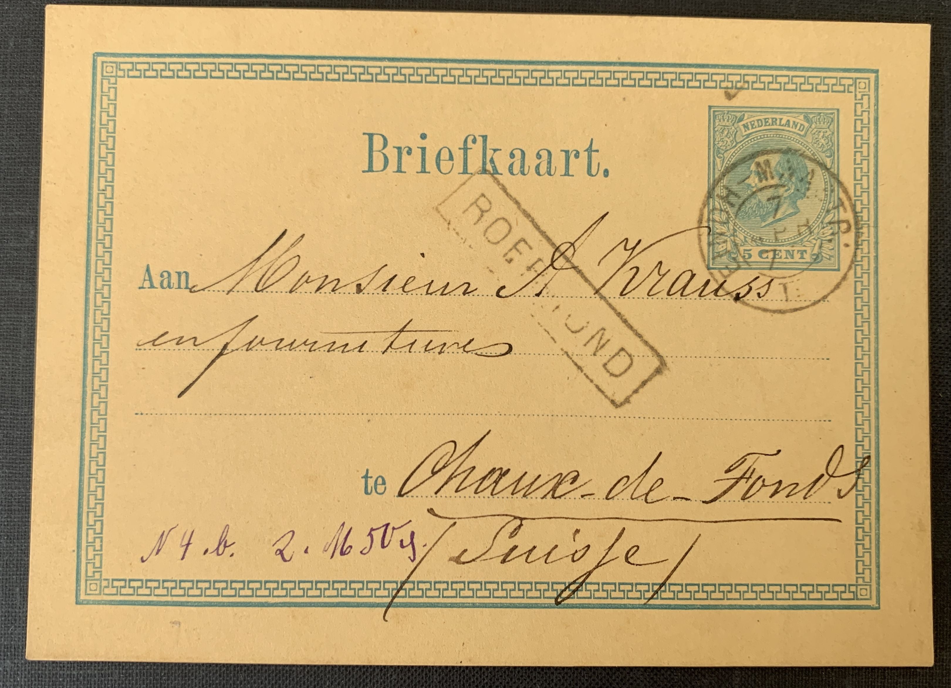 Niederlande Ganzsache Postkarte 1877 Eindh-Maastricht nach Chaux-de-Fonds Schweiz