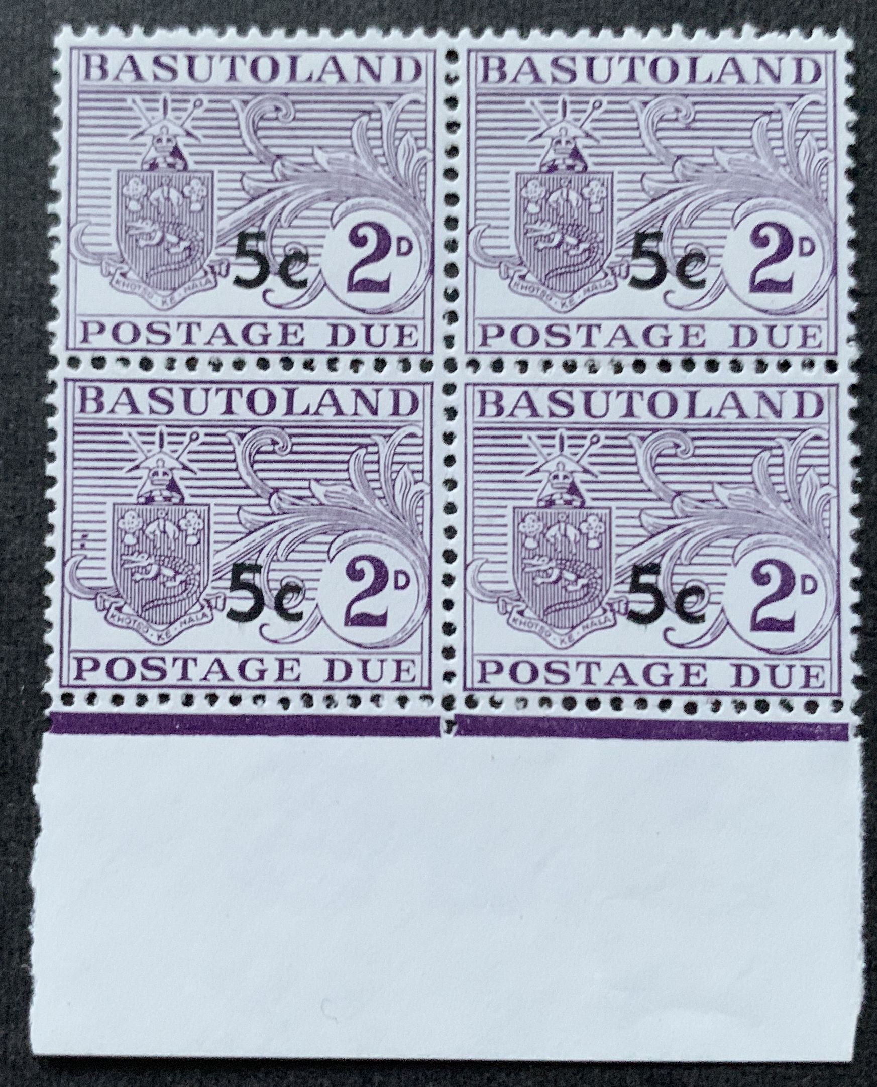 Britisch Basutoland 1961 - 4 Portomarken 5 C auf 2 P. als ViererblockTyp II vom unteren Rand