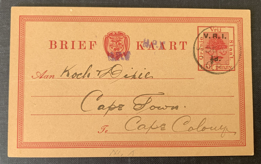 Britisch Oranje Vrij Staat VRI 1900 - gelaufene Ganzsache Postkarte 1/2 P. nach Kapstadt