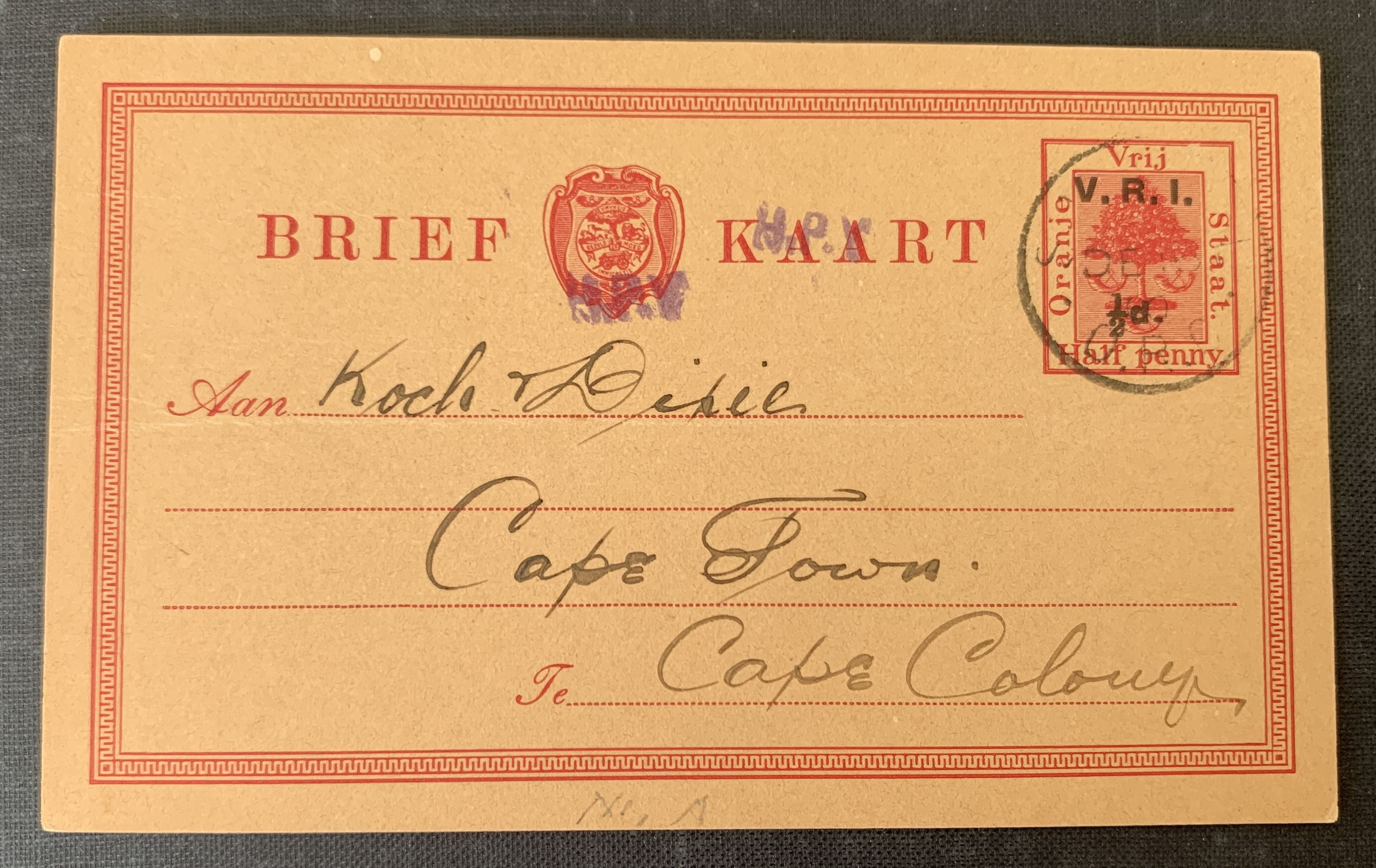 Britisch Oranje Vrij Staat VRI 1900 - gelaufene Ganzsache Postkarte 1/2 P. nach Kapstadt