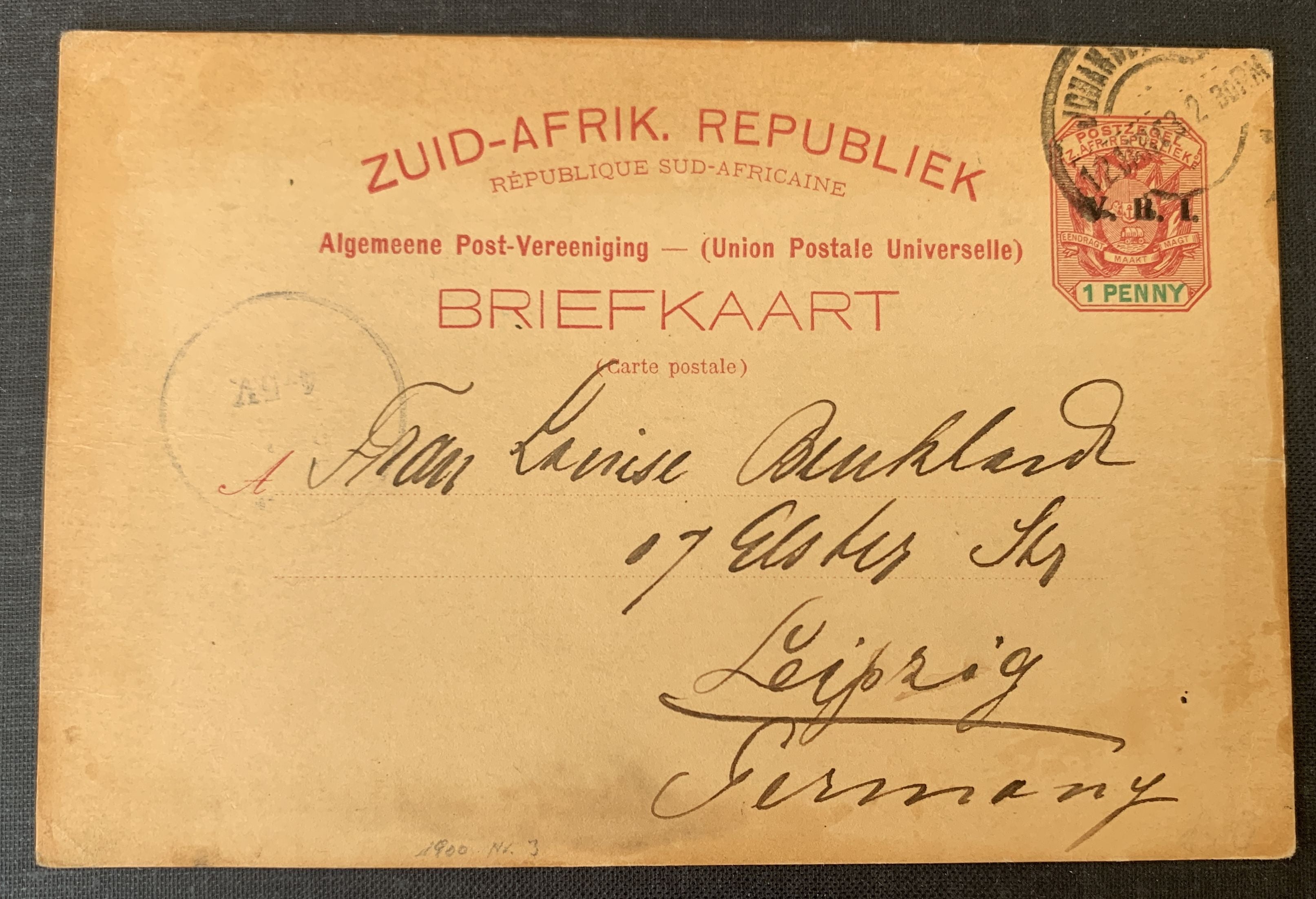 ZAR Transvaal VRI overprint 1903 - gelaufene Ganzsache Postkarte 1 Penny nach Leipzig